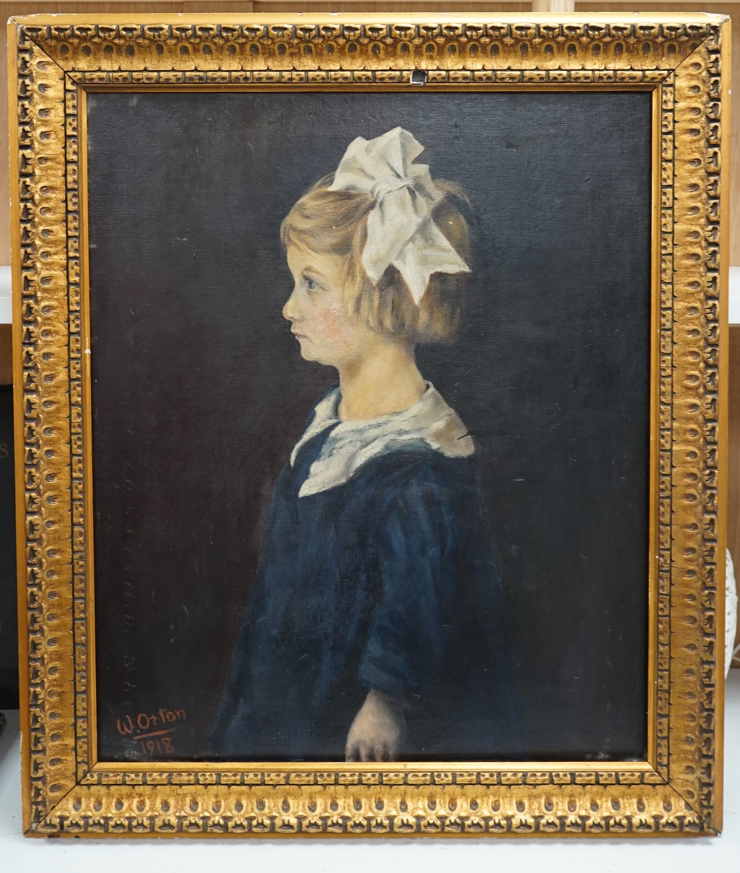 William Orton, oil on canvas, Portrait of a young girl, 'Peggy', signed and dated 1918, Royal Academy Exhibition details verso, 60 x 50cm. Condition - fair, general wear commensurate with age